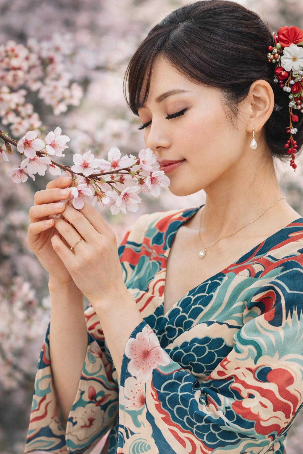 Blouse cache-cœur japonaise motif vagues et poissons à manches évasées | Tengura Store