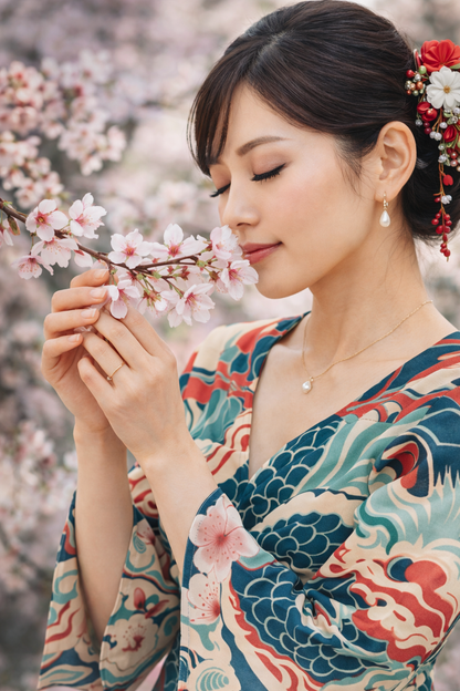 Blouse cache-cœur japonaise motif vagues et poissons à manches évasées | Tengura Store