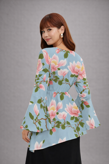 Blouse cache-cœur japonaise à motif floral avec manches évasées | Tengura Store
