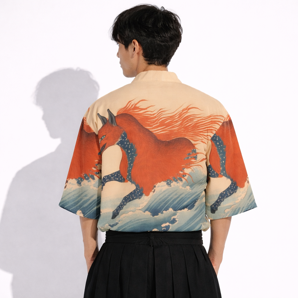 Japanese Fox Wave Kimono Style Short Sleeve Shirt | Tengura Store