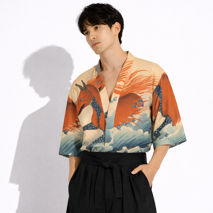 Japanese Fox Wave Kimono Style Short Sleeve Shirt | Tengura Store