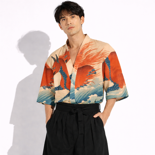 Japanese Fox Wave Kimono Style Short Sleeve Shirt | Tengura Store