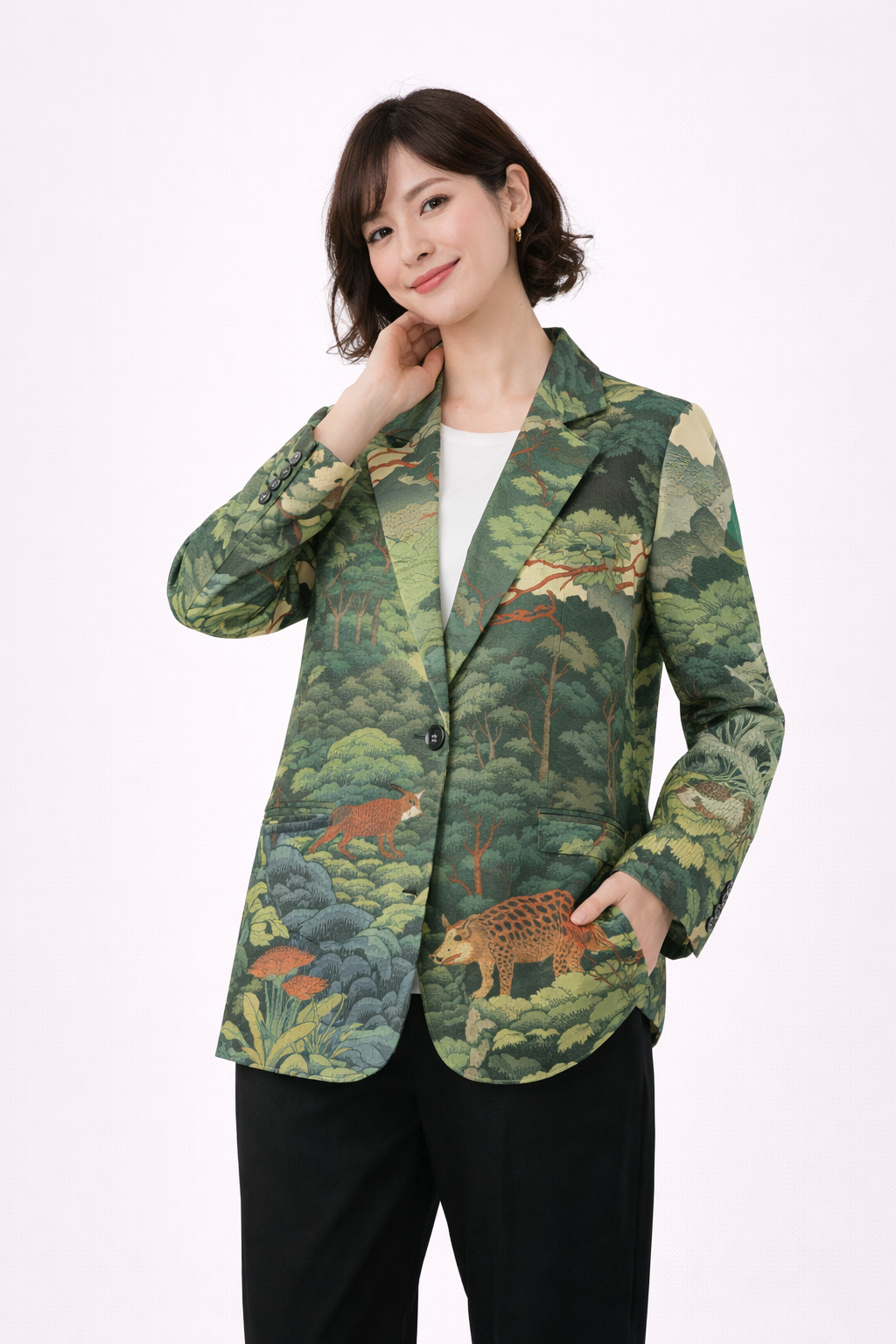 Japanese Women Forest Blazer - Deer & Mountain Landscape Print