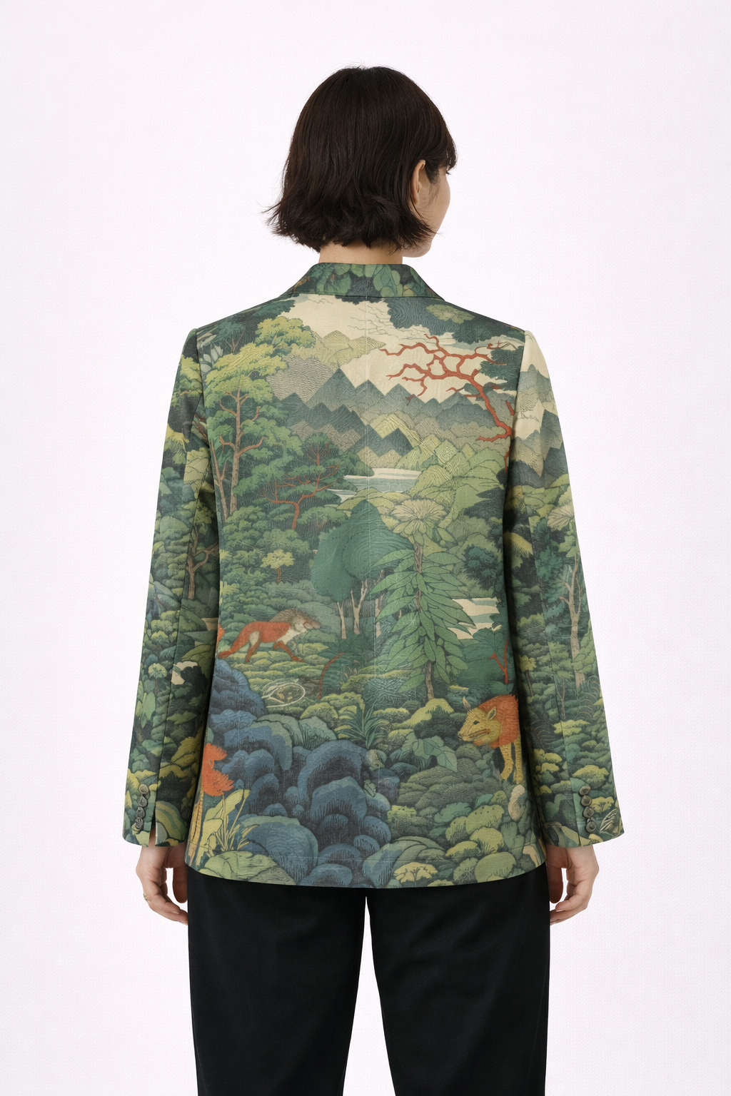 Japanese Women Forest Blazer - Deer & Mountain Landscape Print