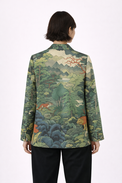 Japanese Women Forest Blazer - Deer & Mountain Landscape Print