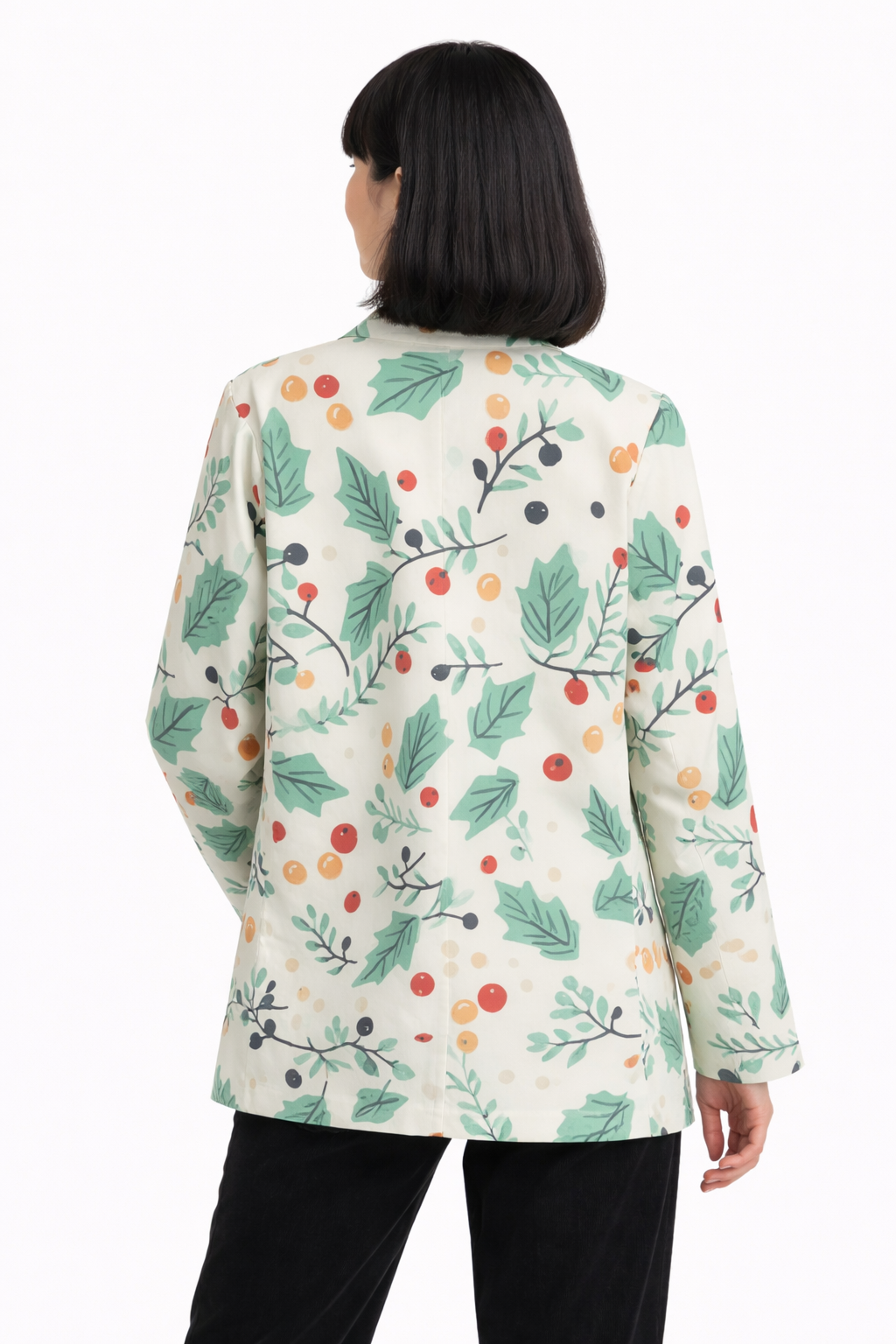 Veste blazer japonaise pour femme à imprimé feuilles et baies mélangées | Tengura Store
