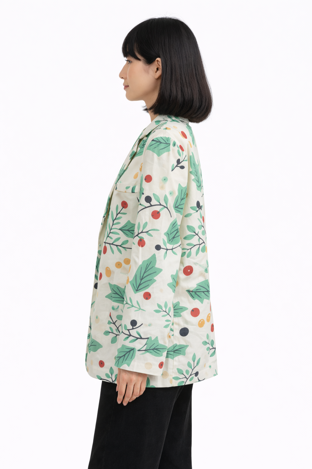 Veste blazer japonaise pour femme à imprimé feuilles et baies mélangées | Tengura Store