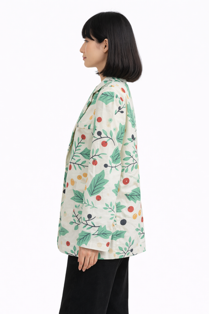 Veste blazer japonaise pour femme à imprimé feuilles et baies mélangées | Tengura Store