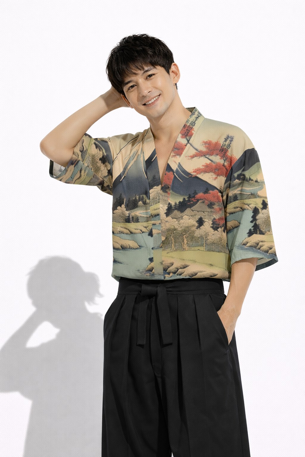 Chemise style haori motif paysage fluvial japonais | Tengura Store