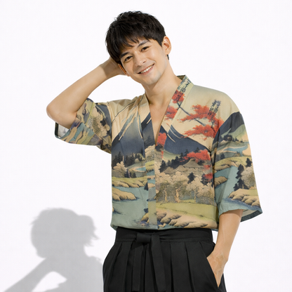 Chemise style haori motif paysage fluvial japonais | Tengura Store