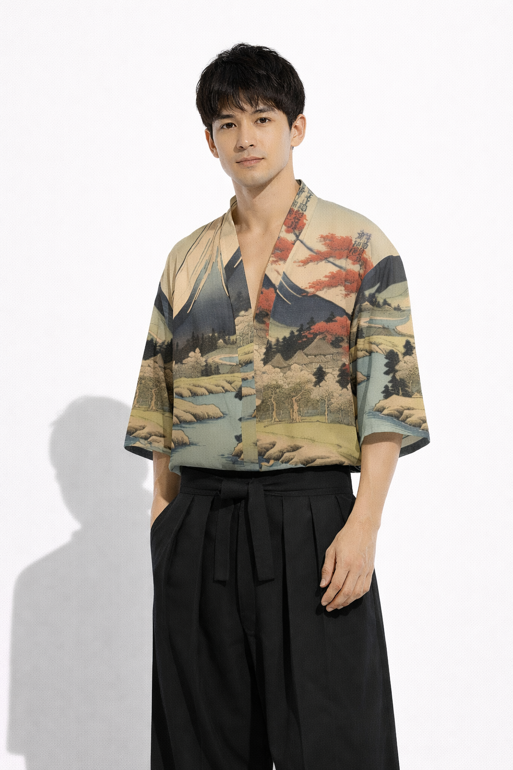 Chemise style haori motif paysage fluvial japonais | Tengura Store