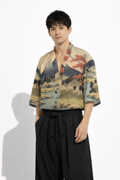 Chemise style haori motif paysage fluvial japonais | Tengura Store