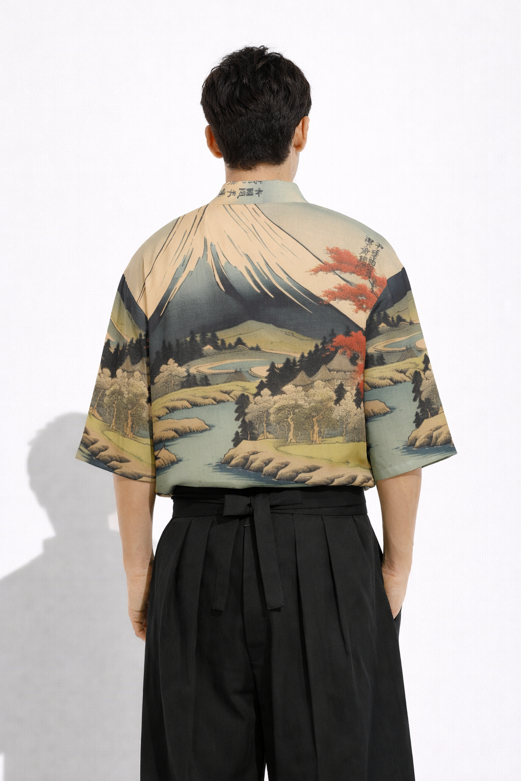 Chemise style haori motif paysage fluvial japonais | Tengura Store