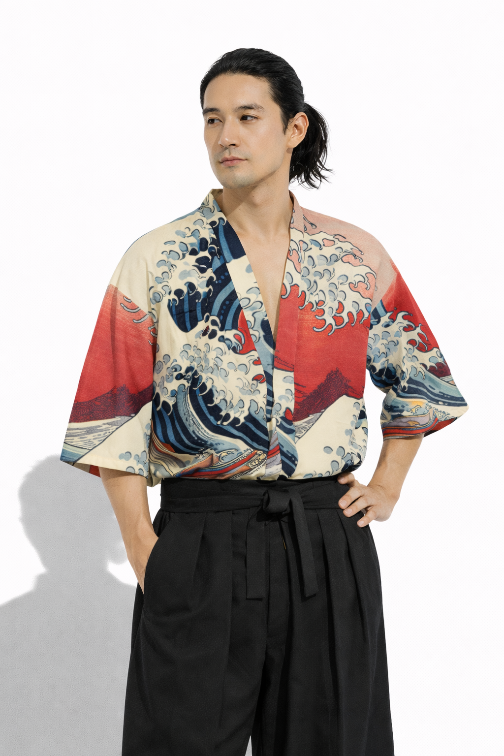 Great Wave Red Sky Japanese Kimono Style Shirt | Tengura Store