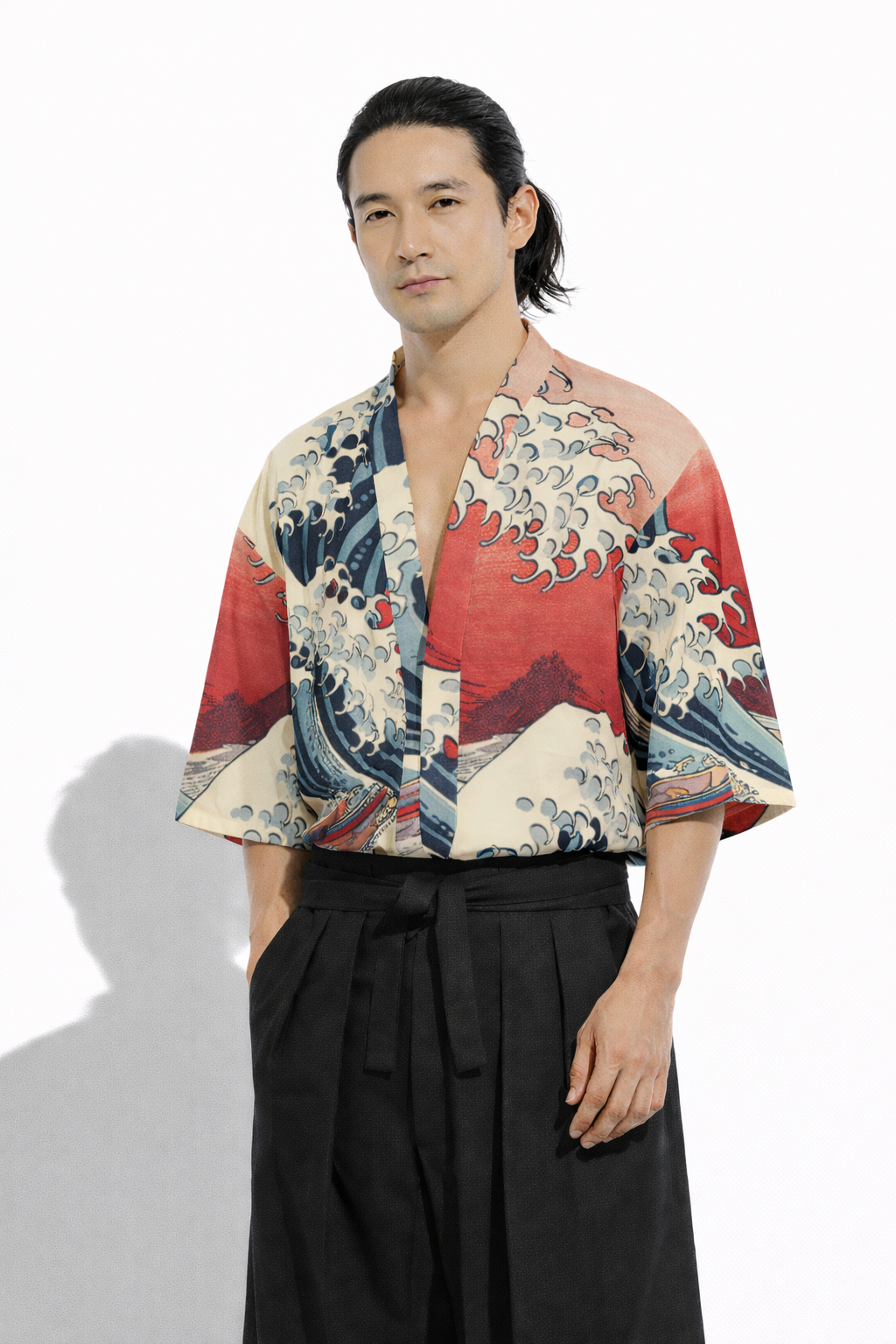Great Wave Red Sky Japanese Kimono Style Shirt | Tengura Store