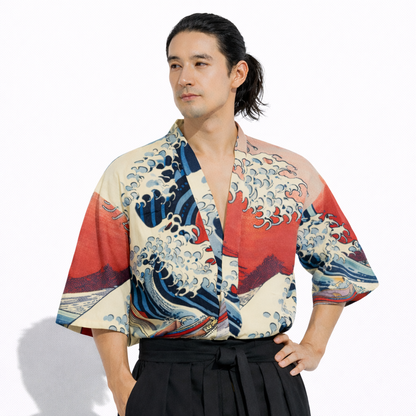 Great Wave Red Sky Japanese Kimono Style Shirt | Tengura Store