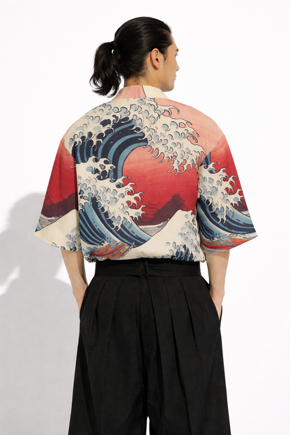 Great Wave Red Sky Japanese Kimono Style Shirt | Tengura Store