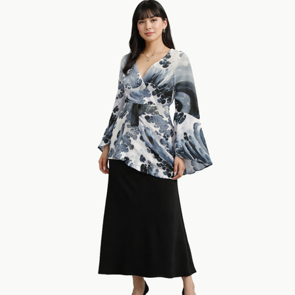 Blouse cache-cœur à manches larges avec imprimé vague japonais | Tengura Store