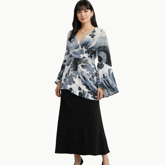 Japanese Wave Print Wrap Blouse with Wide Sleeves