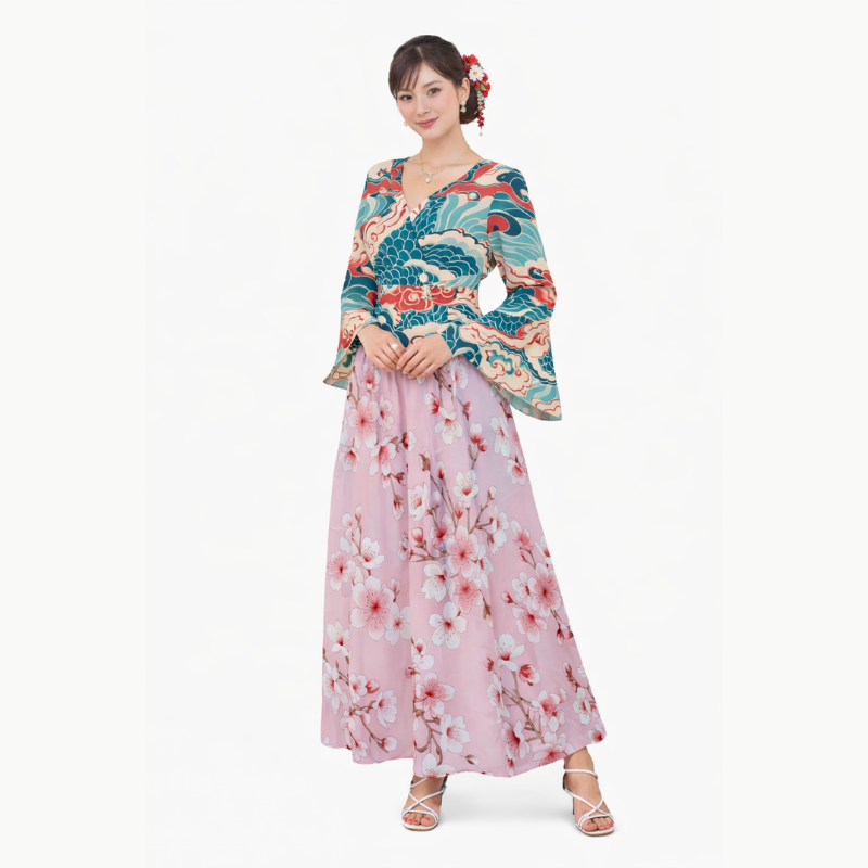 Blouse cache-cœur motif vagues et poissons japonais à manches évasées | Tengura Store