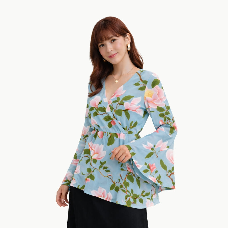 Blouse cache-cœur japonaise à motif floral avec manches évasées | Tengura Store