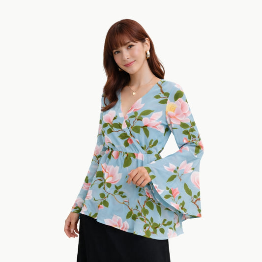 Japanese Floral Wrap Blouse with Bell Sleeves