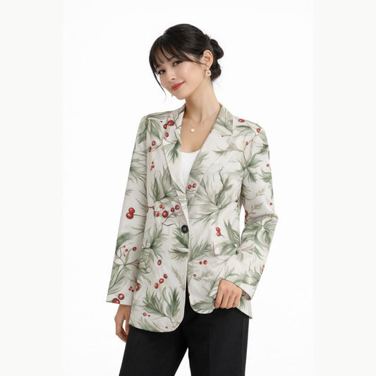 Japanese Women's Bamboo Blazer - White Floral Print with Red Berries | Tengura Store