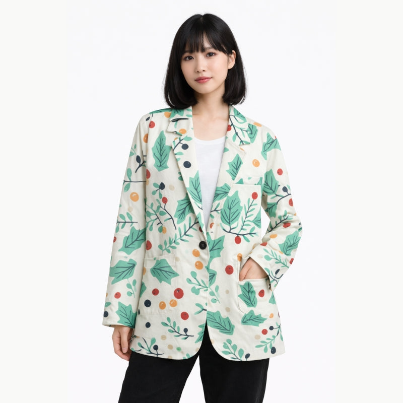 Veste blazer japonaise pour femme à imprimé feuilles et baies mélangées | Tengura Store