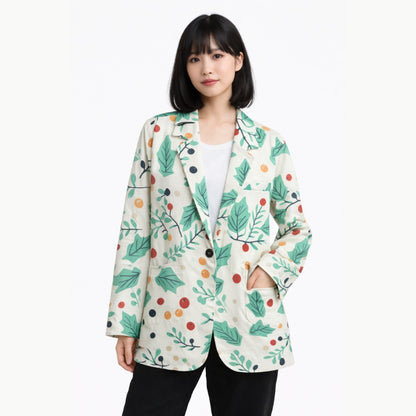 Veste blazer japonaise pour femme à imprimé feuilles et baies mélangées | Tengura Store