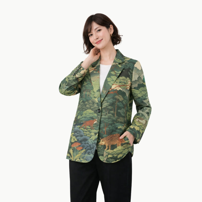 Japanese Women Forest Blazer - Deer & Mountain Landscape Print | Tengura Store