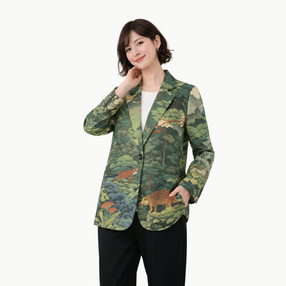 Japanese Women Forest Blazer - Deer & Mountain Landscape Print | Tengura Store
