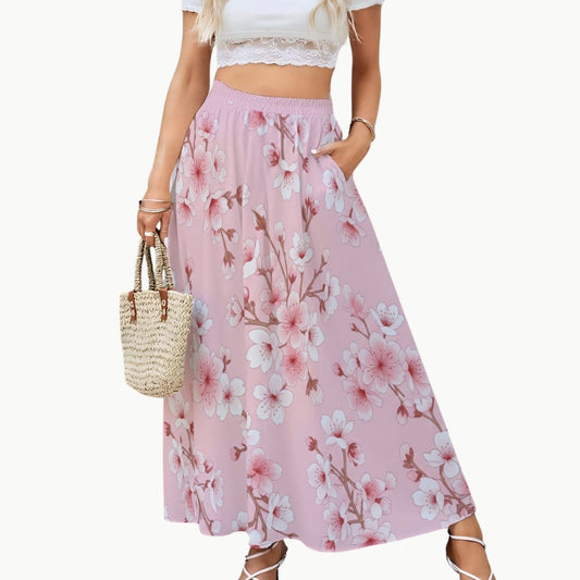 Pink Cherry Blossom Japanese Maxi Skirt with High Waist | Tengura Store