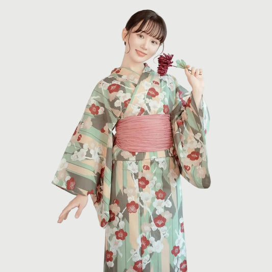Japanese Summer Yukata for Ladies Green Beige with Floral Print | Tengura Store