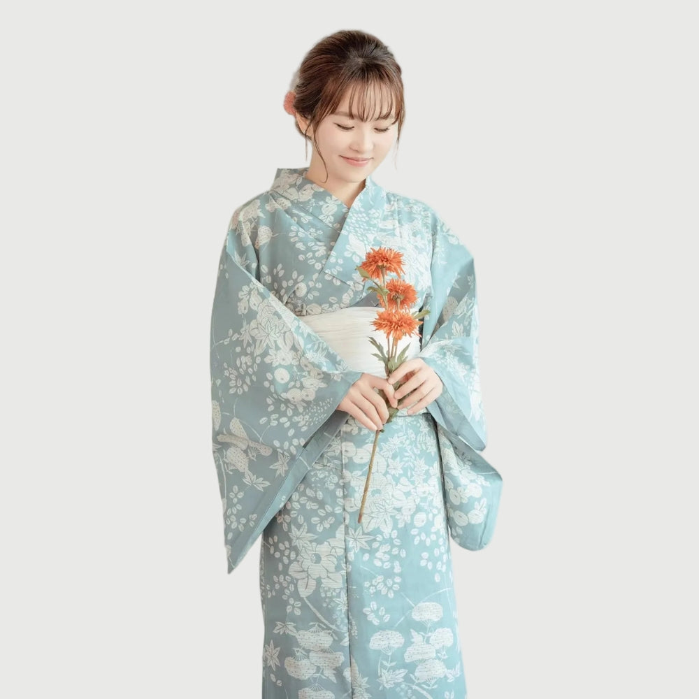 Japanese Yukata Women’s Kimono Blue with Nature Print | Tengura Store