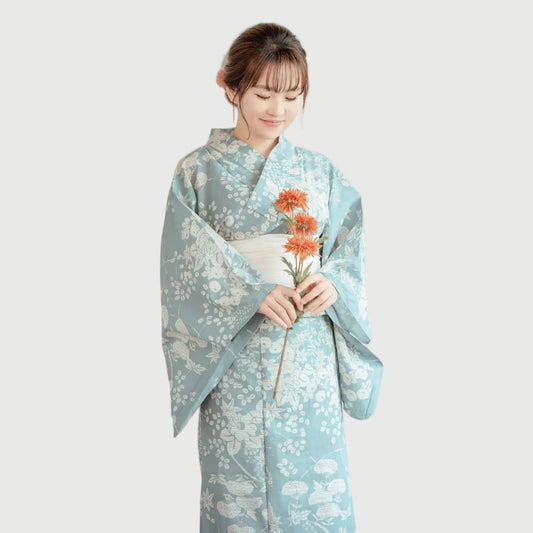 Japanese Yukata Women’s Kimono Blue with Nature Print | Tengura Store