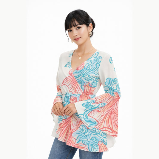 Japanese Koi Wave Wrap Blouse with Kimono Sleeves