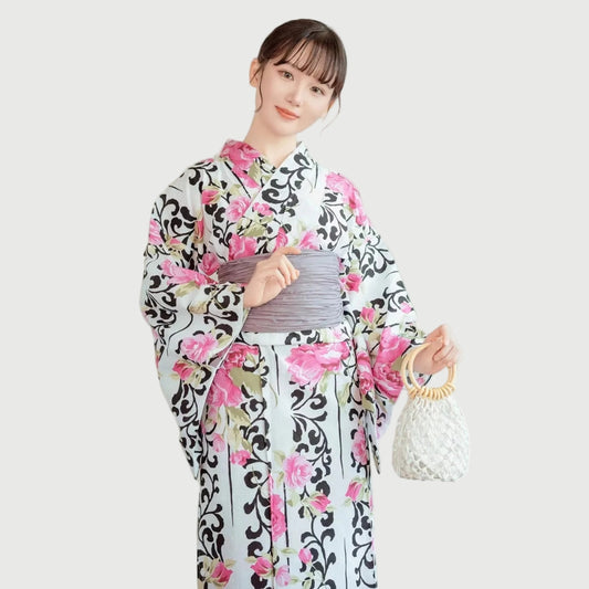 White Yukata with Pink Floral Pattern - Japanese Traditional Robe | Tengura Store