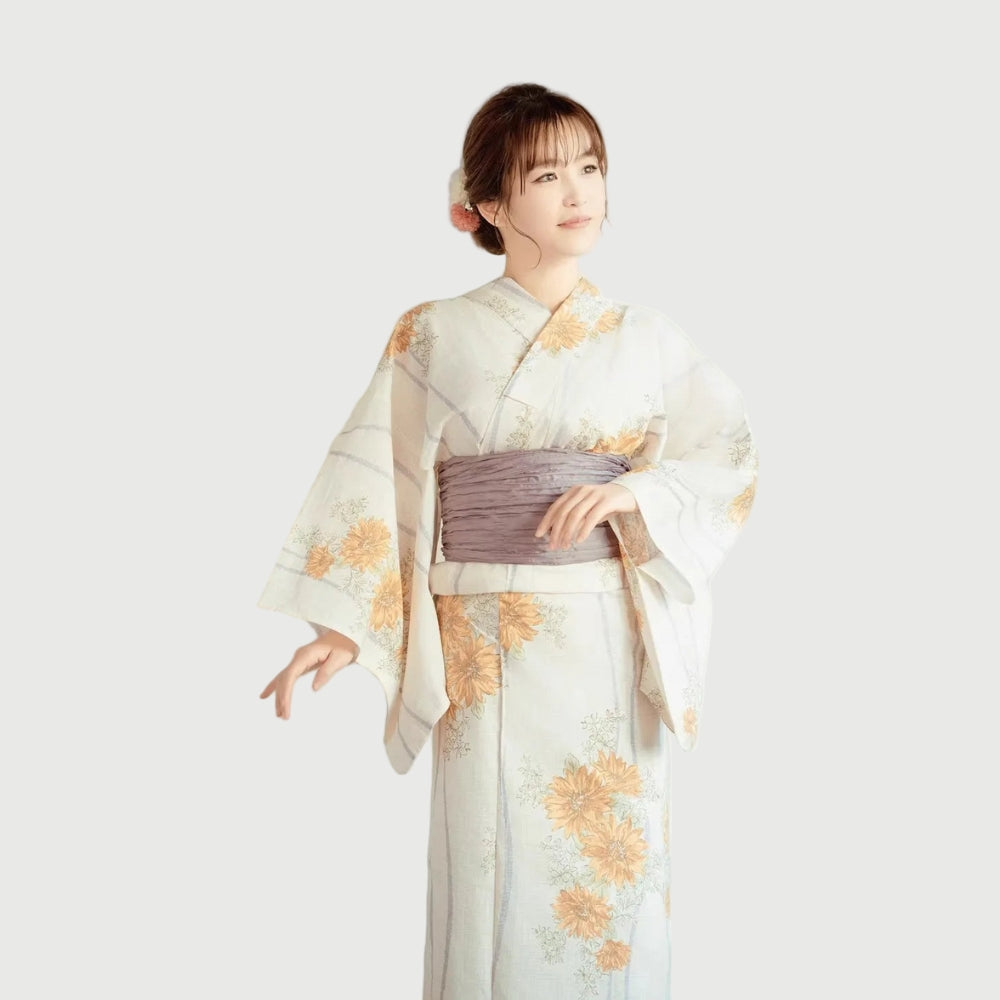 White Yukata with Golden Floral Pattern for Ladies | Tengura Store