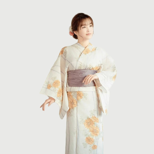 White Yukata with Golden Floral Pattern for Ladies | Tengura Store