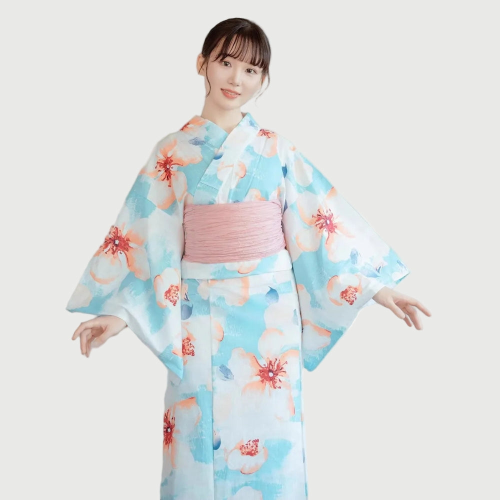Japanese Yukata Light Blue Summer Kimono with Orchid Design | Tengura Store
