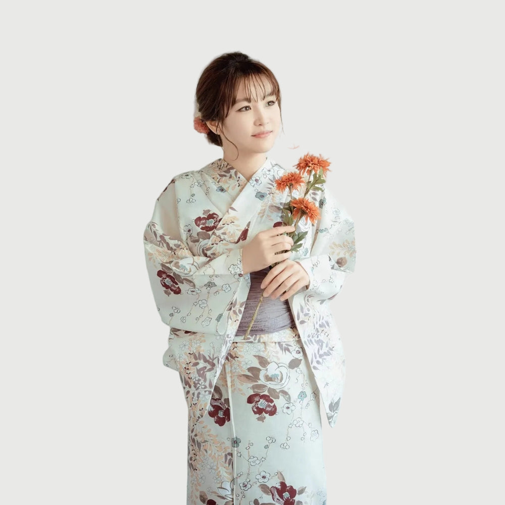 Women’s Japanese Yukata White with Plum Blossom Pattern | Tengura Store