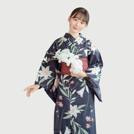 Women’s Japanese Yukata Navy Kimono with Lily Design | Tengura Store