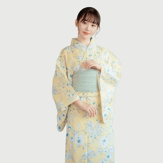 Women’s Japanese Yukata Yellow Floral Summer Kimono | Tengura Store