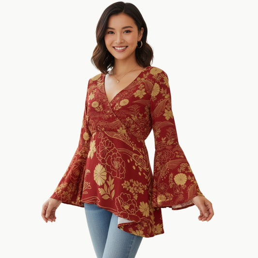Blusa Kimono Borgogna con Motivo Crisantemo