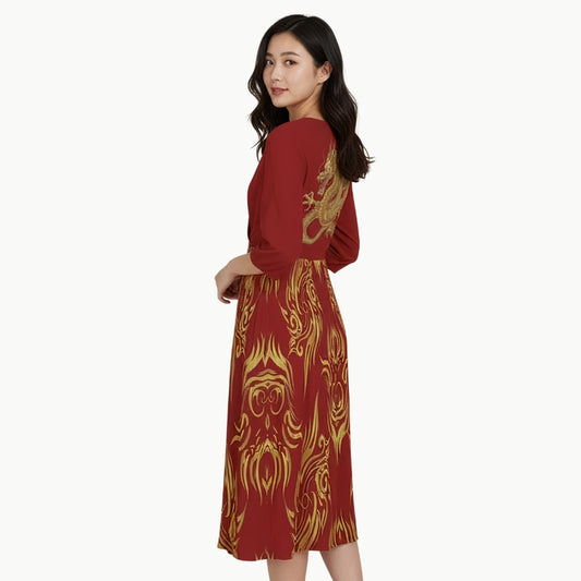 Abito Midi Red Dragon con Design Orientale Dorato