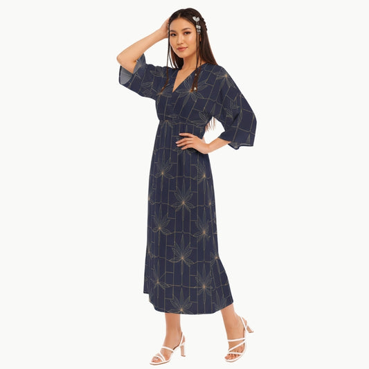 Abito Maxi Giapponese Midnight Blossoms Blu Navy a Motivo Geometrico