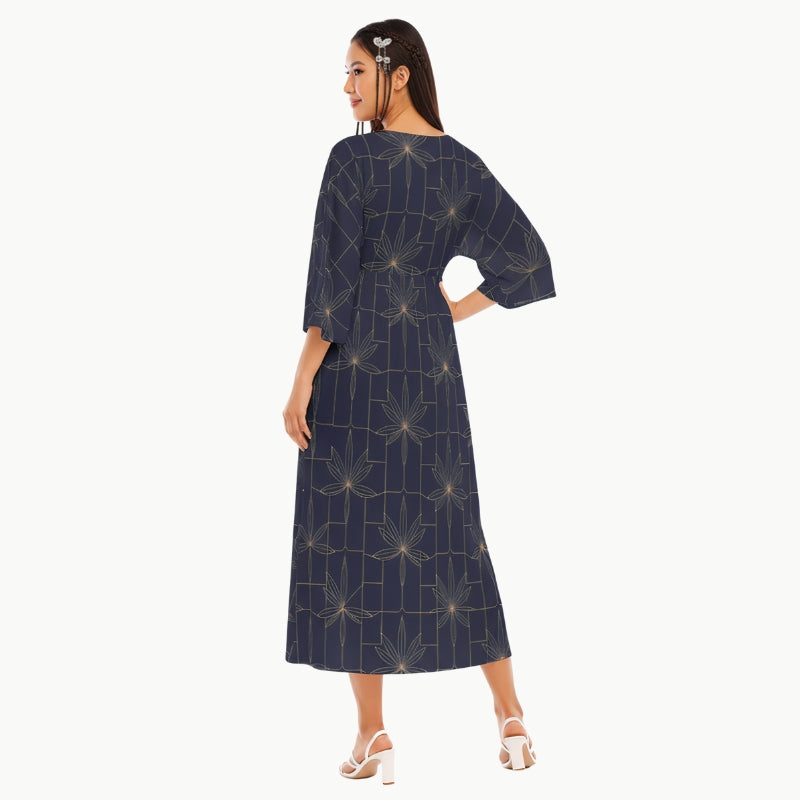 Japońska sukienka maxi Midnight Blossoms granatowa z geometrycznym wzorem