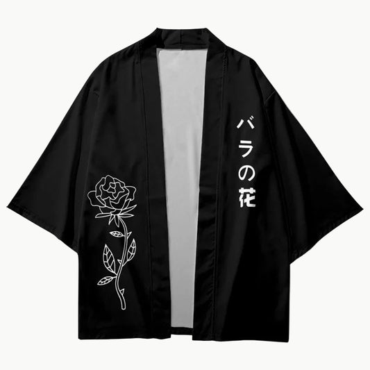 Haori Jacket with Rose Print and Japanese Kanji 3XL | Tengura Store