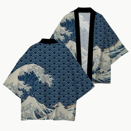 Unisex Kimono Jacket - Blue Wave Pattern XXXL | Tengura Store