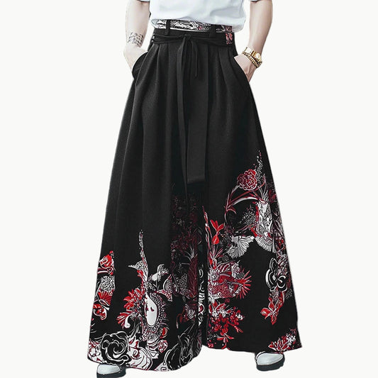 Japanese Hakama Pants - Wide-Leg Black Trousers with Floral Print | Tengura Store
